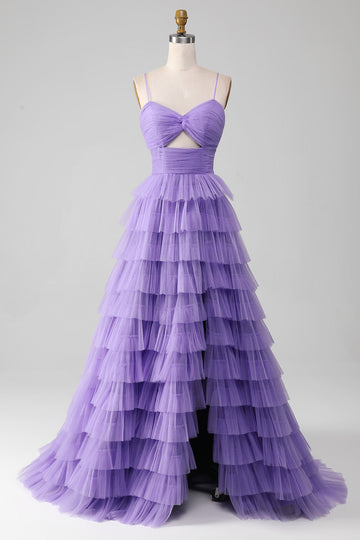 Tulle viola A-Line Abito da ballo lungo a più livelli con fessura